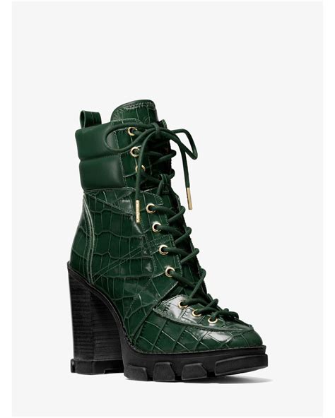 Michael Kors Ridley Crocodile Embossed Leather Lace Up Boot In Green