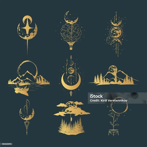 Golden Mystical Moon Collection Nine Hand Drawn Vector Illustrations
