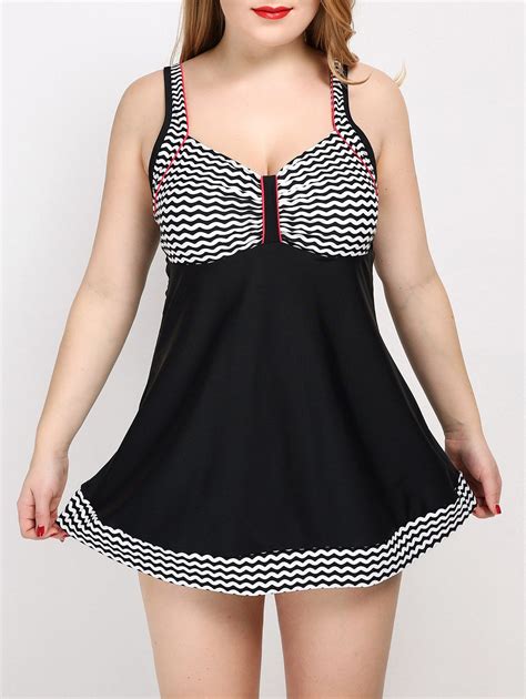 Off Plus Size One Piece Striped High Waist Swimsuit In Black