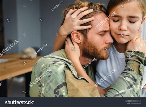 Masculine Military Man Hugging Her Crying Stock Photo 1893042946