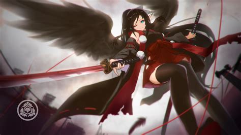 Download 1920x1080 Anime Girl Black Wings Wink Katana Traditional