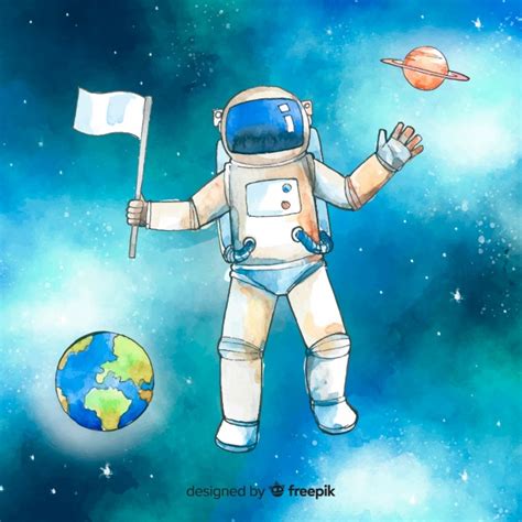 Watercolor Astronaut Character In The Space Vector Free Download
