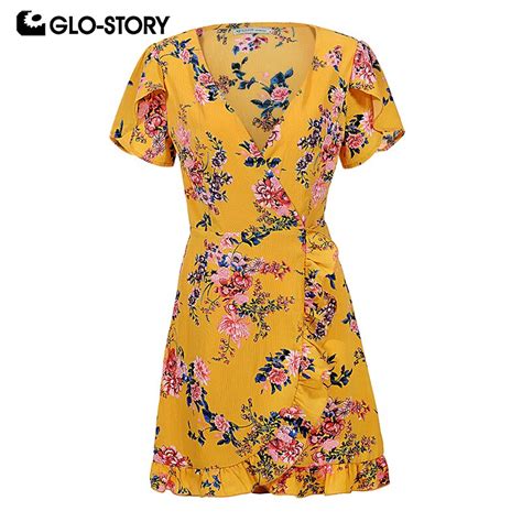 Glo Story Woman 2018 Summer Short Ruffles Sleeve Summer Dress Women