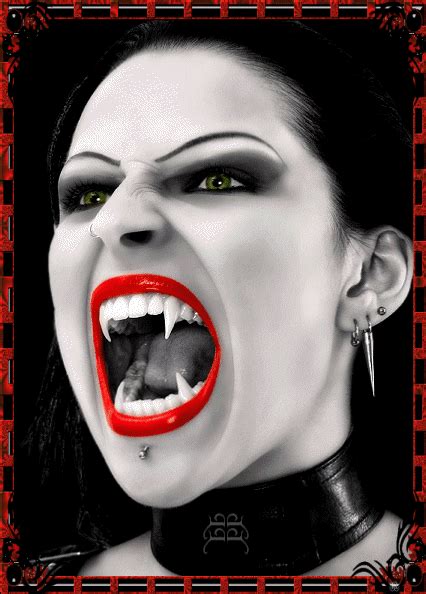 A Woman With Her Mouth Open And Fangs Out