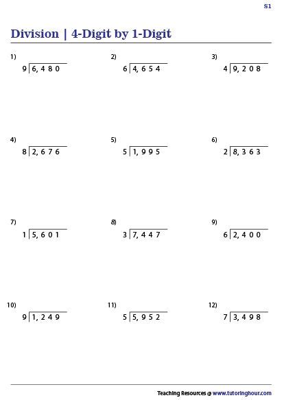 Dividing 4 Digit By 1 Digit Whole Numbers Worksheets Math Division