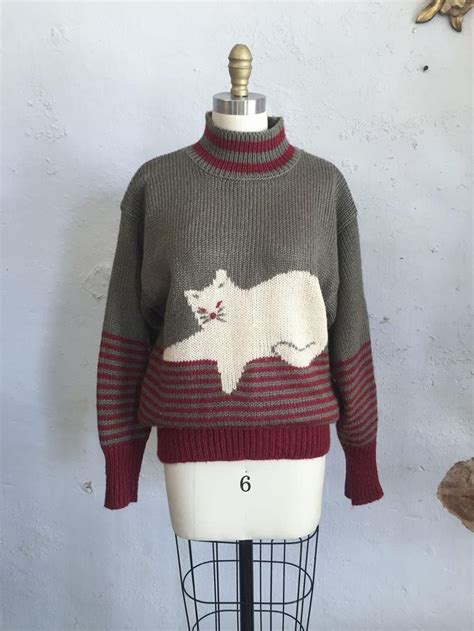 Vtg Hand Knit Cat Sweater Turtleneck Stripe Chunky Olive Green Etsy