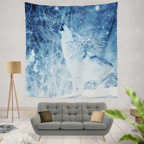 Wolf Howl In Winter Snowfall Wall Hanging Tapestry