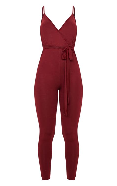Burgundy Jersey Strappy Wrap Jumpsuit Prettylittlething Usa