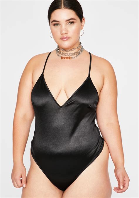 plus size satin v neck bodysuit black dolls kill