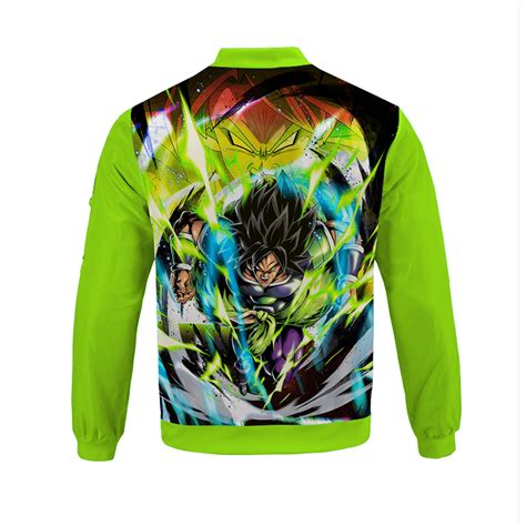 All letterings and logo are machine. Dragon Ball Z Broly Fury Colorful Graphic Mint Bomber Jacket - Saiyan Stuff