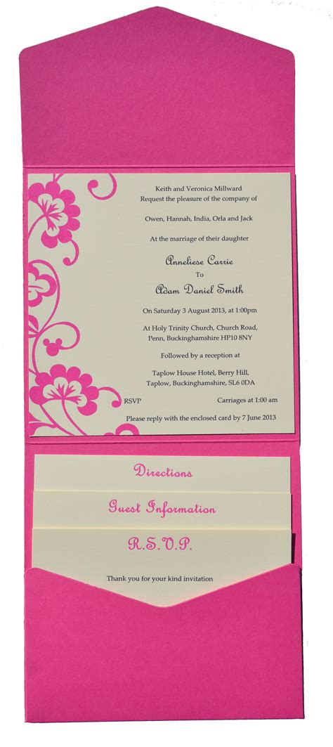 Fuchsia pink swirl pocket invitation www.sew-unique.co.uk | Unique wedding invitations, Unique ...
