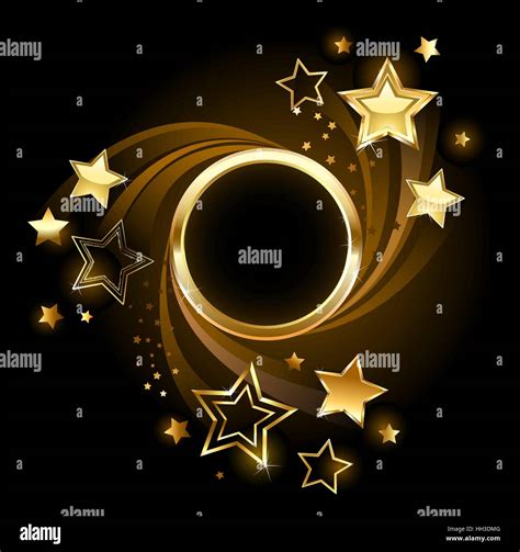 Round Golden Banner With Gold Shining Stars On A Black Background