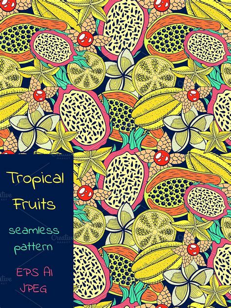 Grayscale coloring pages, digital stamp, fruit, still life. Tropical Fruits Seamless Pattern | Seamless patterns ...