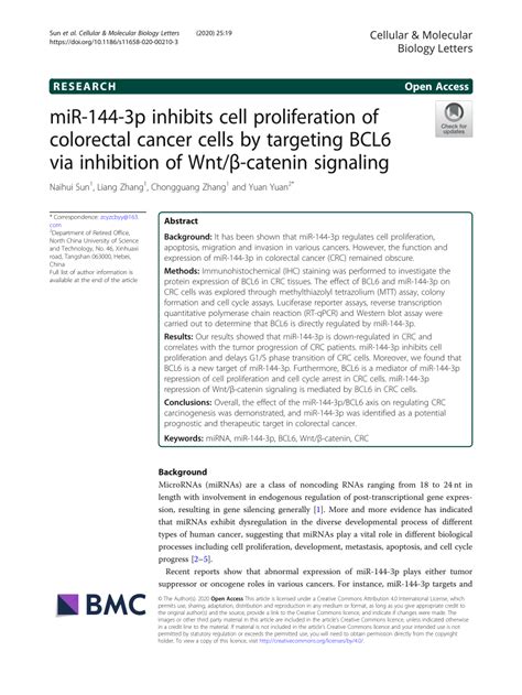 pdf mir 144 3p inhibits cell proliferation of colorectal cancer cells by targeting bcl6 via