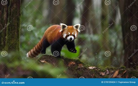 Cute Young Red Panda Sitting On Branch Generated By Ai Stock