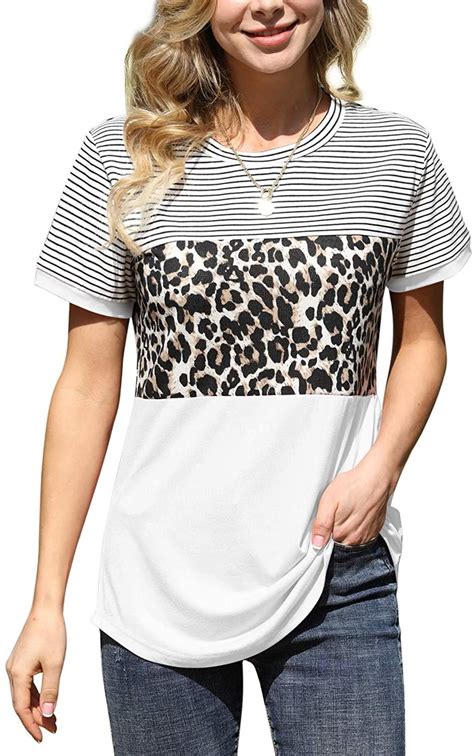 harhay women s leopard print color block tunic round neck long sleeve shirts striped causal