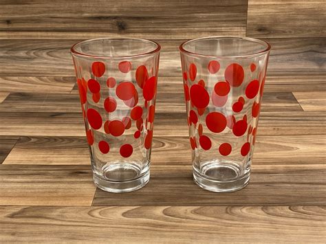 Libbey Red Polka Dot Glasses Set Of 2 Large Tumblers Mid Century Drink Ware Vintage T