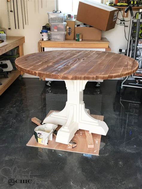 I glued the pieces that i cut off of the table top corners to each other to make 2 triangular braces that i used sandpaper to smooth down the edges of the plywood and to round over the edges just a little bit. DIY Round Table | Round farmhouse table, Diy furniture ...