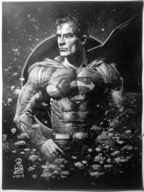 A Black And White Photo Of A Man In A Superman Suit With His Hands On