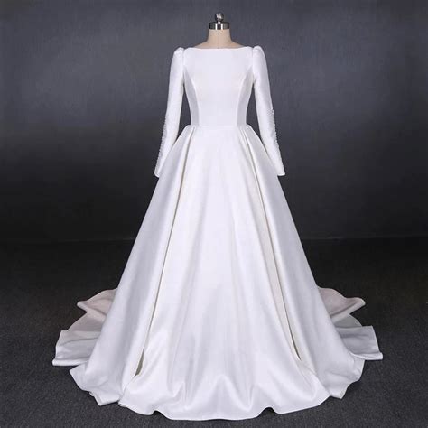 Ball Gown Long Sleeve White Satin Long Simple Wedding Dresses