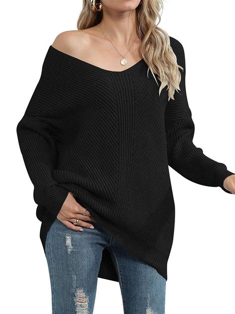 Buy Calbetty Womens Off Shoulder Long Sleeve V Neck Ribbed Pullover Sweaters Loose Fitting