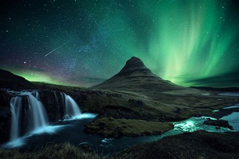 Iceland Kirkjufell Mountain Volcano Rock Waterfall Snow Night Star
