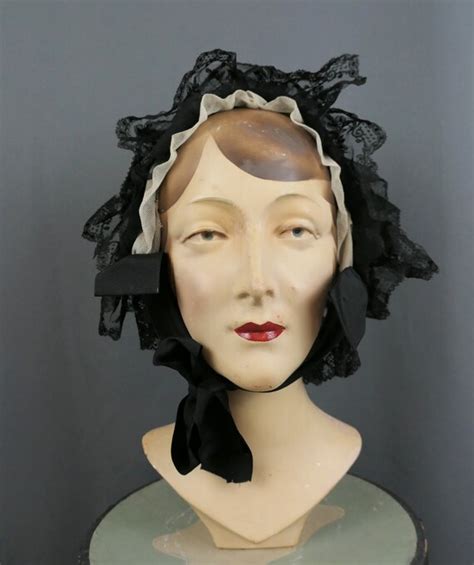 Antique Victorian Black Lace Bonnet 1800s Silk Hat Gem