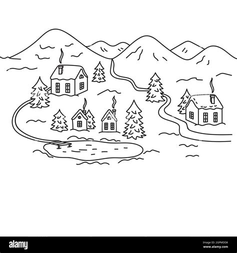 Winter Landscape With Houses Fir Trees Lake And Mountainsblack And