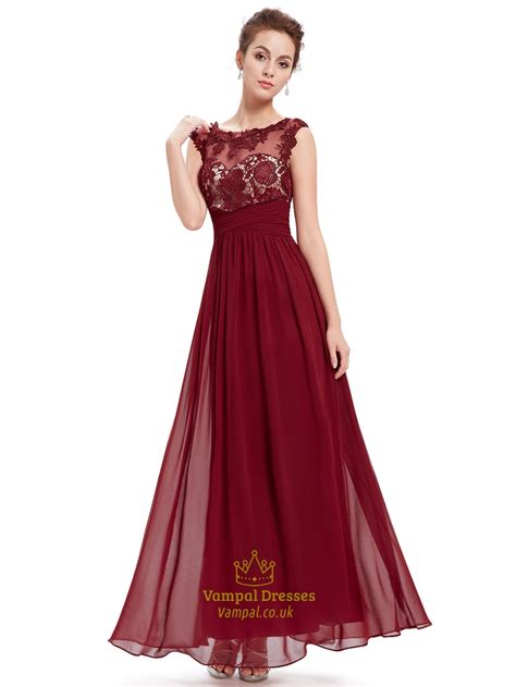 Burgundy Lace Bodice Scoop Neck Chiffon Prom Dress With Cap Sleeves