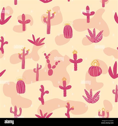 Seamless Patterns With Different Cacti Bright Repeating Texture With