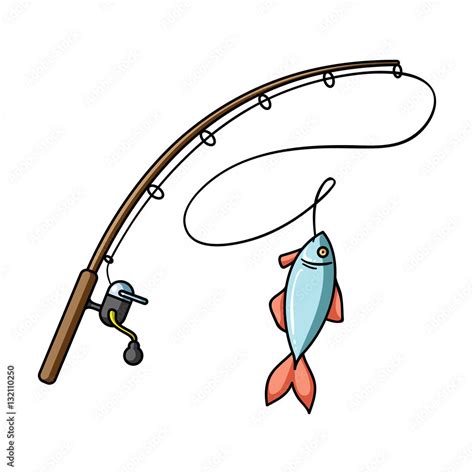 Fishing Rod And Fish Icon In Cartoon Style Isolated On White Background