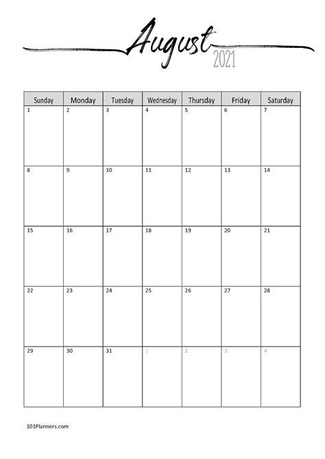 Printable Black And White Calligraphy August 2021 Calendar Calendar
