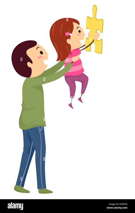 Ilustración De Un Padre Llevar A Su Hija A Resolver Un Rompecabezas