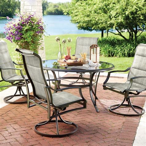 hampton bay statesville 5 piece padded sling patio dining set with 53 in glass top fcs70357cs