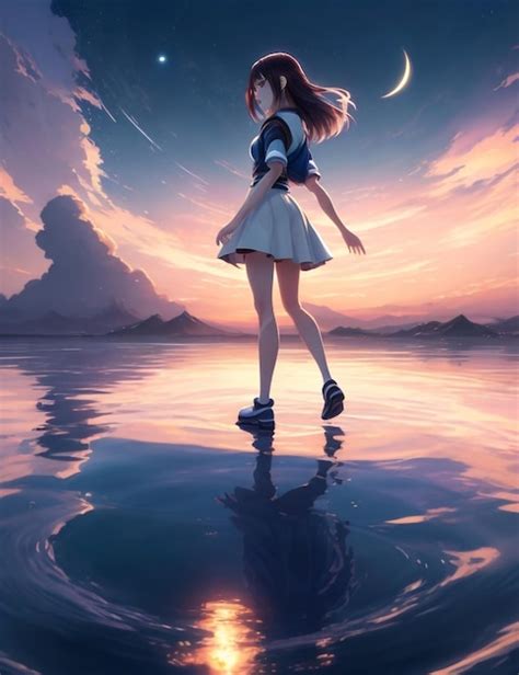 Premium Ai Image Anime Girl Walking On Water Ripples Backdrop Of Dawn
