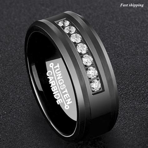 8mm Black Tungsten Carbide Ring Diamonds Inlay Comfort Fit Atop Men