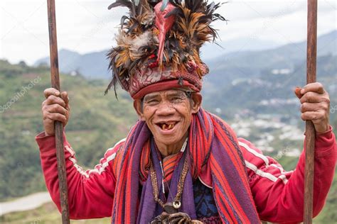 Ethnic Costume In The Philippines Old Ifugao Man In National Dress Next To Rice Terraces
