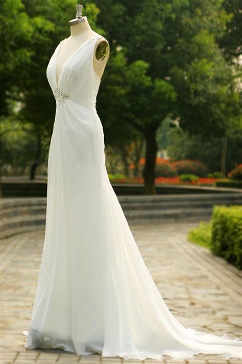 White Ivory Long Chiffon Wedding Dress A Line Sexy Backless V Neck