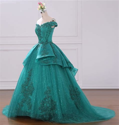 off shoulder green tulle layered long court prom dress formal lace ball gown lace ball gowns