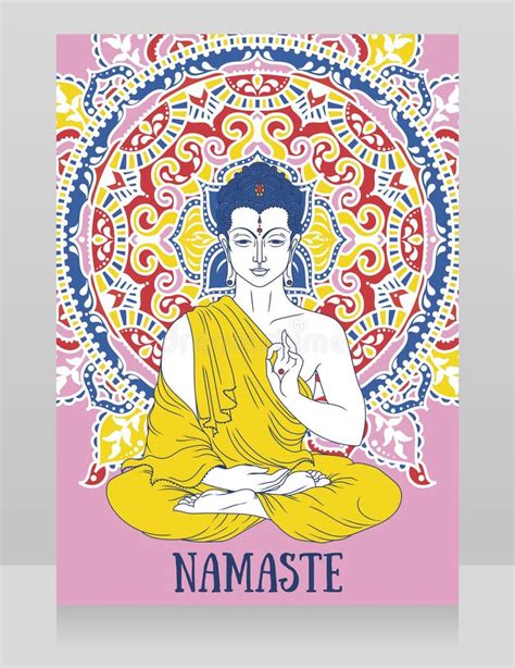 Poster With Buddha In Meditation On Beautiful Mandala Ornament Stock