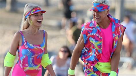 Margot Robbie And Ryan Gosling Are The Perfect Barbie And Ken Filming Movie In Neon Lycra
