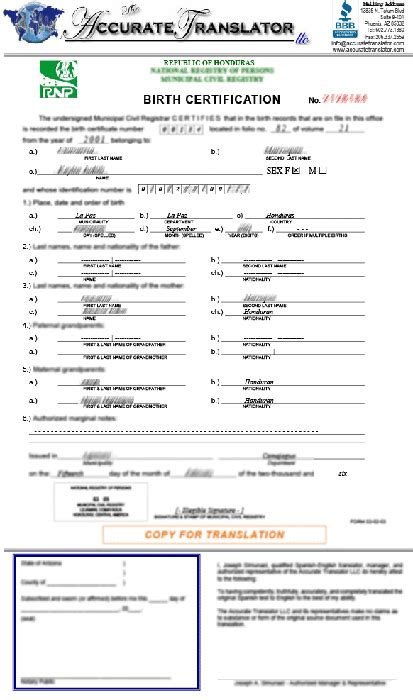 Uscis Printable Birth Certificate Translation Template Printable