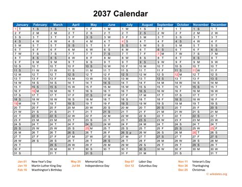 2037 Calendar Horizontal One Page