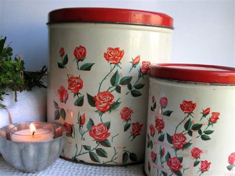 40s Canister Set Red Roses Vintage Tin Cottage Shabby Kitchen Etsy