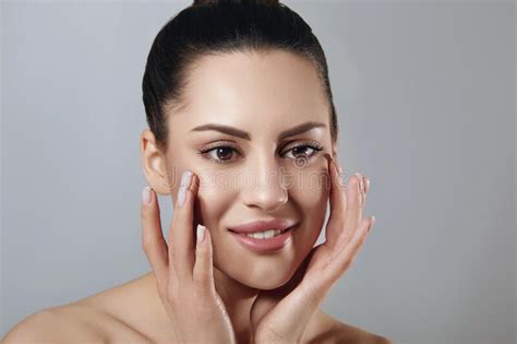 Skin Care Woman With Beauty Face Touching Healthy Facial Skin Portrait