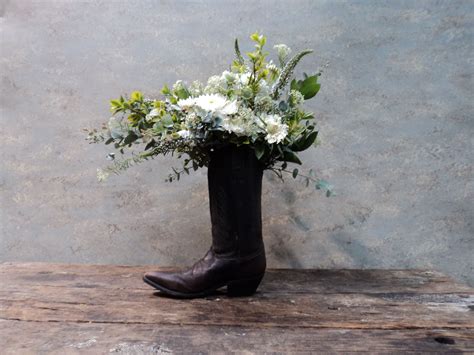 Yee Haw Boot Flower Arrangement For Country And Western Inspired Wedding