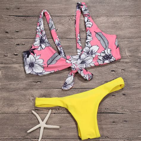 2018 Sexy Foral Printed Knot Tie Front Bikini Top Women Bikinis Set Strap Swimsuit Low Waist