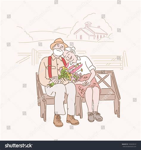 An Elderly Couple Sitting On A Bench In A Rural Village Hand Drawn Illustrations Vector Doodle