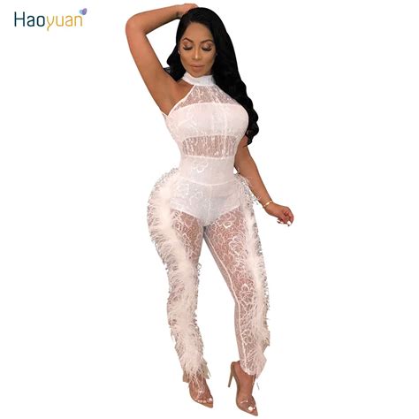 Haoyuan Black Sexy See Through Mesh Jumpsuits Overalls For Women Off Shoulder Side Feather Party