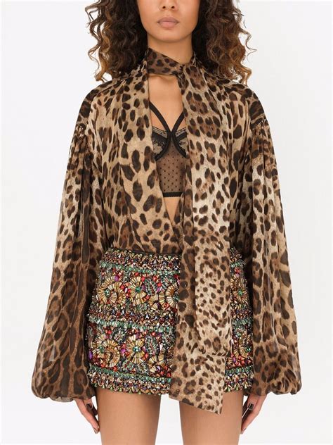 Shop Dolce And Gabbana Leopard Print Silk Pussy Bow Blouse With Express